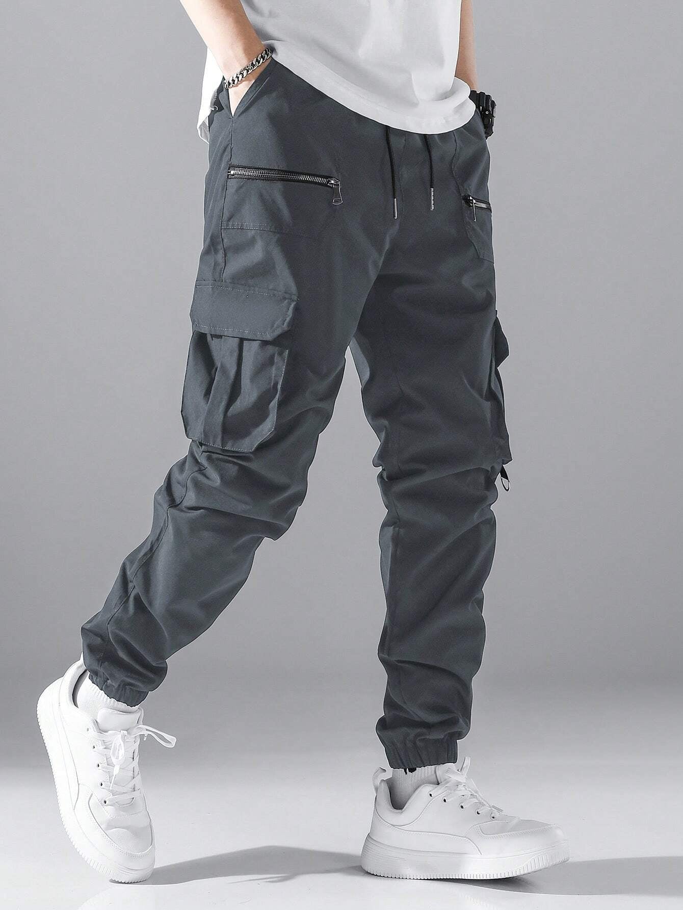 Manfinity Loose Fit Men'S Cargo Pants with Flap Pockets, Side Drawstring and Elastic Waist