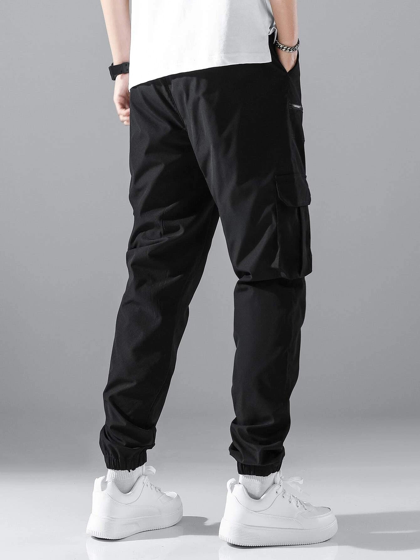 Manfinity Loose Fit Men'S Cargo Pants with Flap Pockets, Side Drawstring and Elastic Waist